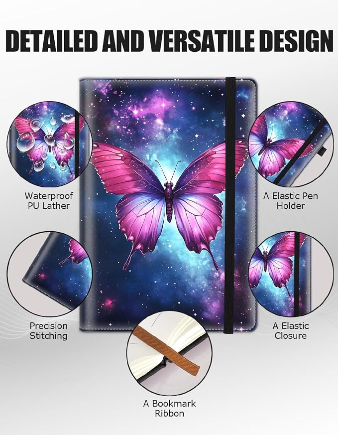Hardcover Executive Notebooks, A5 PU Leather Lined Journal Notebook, 200 Pages Thick Paper Subject Notebooks for School,Work,Home Writing Business Notebook, Diary Book ，Starry Sky Butterfly