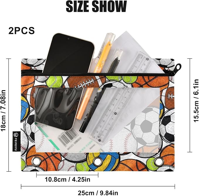 Gredecor Binder Pencil Pouch 3 Ring Sport Balls Colorful Zipper Pencil Pouches Case 2 Pack Clear Binder Organizer for School Office