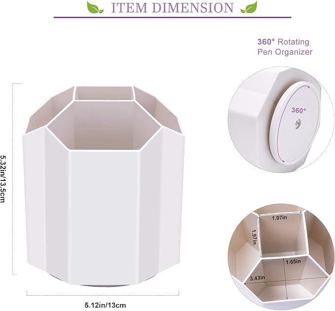 Siveit Desk Pencil Pen Holder, Rotating Pen Organizers 360-Degree 5 Grid Pen Holder for Desktop Storage Stationery Supplies Organizer, Home, Office, School, Kids, White