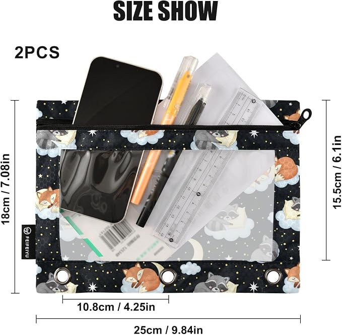 Emelivor Cute Fox Clouds Pencil Pouch for 3 Ring Binder 2 Pcs Binder Pouches with Zipper Pocket Pencil Case Bag with Clear Window for Storing College Office Supplies