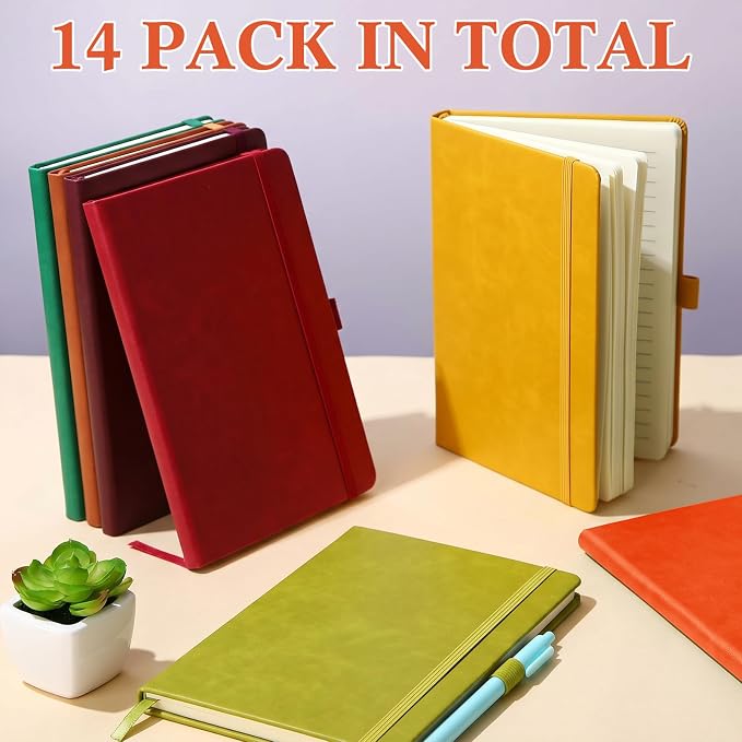 Laumoi 14 Pack Hardcover Journal Notebooks Bulk A5/A4/B5 Journaling Notebook Wide Ruled PU Leather Ruled Lined Journals with Pen Holder for School Business Work Writing (Vibrant Color,A5)