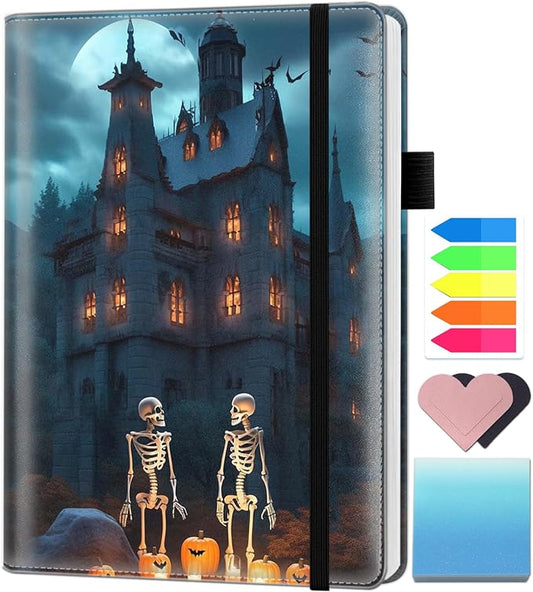 A5 Leather Lined Journal Notebook, 200 Pages Hardcover Executive Notebook for Men Women Office School Note Taking, Thick Writing Paper Daily Journal with Bookmarks/Indexes, Castle Skeleton