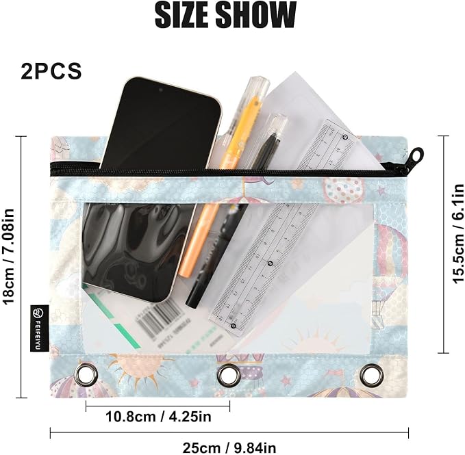 Hot Air Balloon Pencil Pouch for 3 Ring Binder 2 Pack Zipper Binder Pencil Bag Case with Clear Window Office Supplies