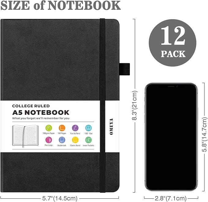 OMEYA A5 Hardcover Notebooks for Work:12 Pack, 100gsm Paper, 160 Pages Each | College-Ruled Pages, 5.75" x 8.38", PU Leather Hardcover, 12 Pens, 2 Inner Pockets, 180° Lay-Flat, For Business, School