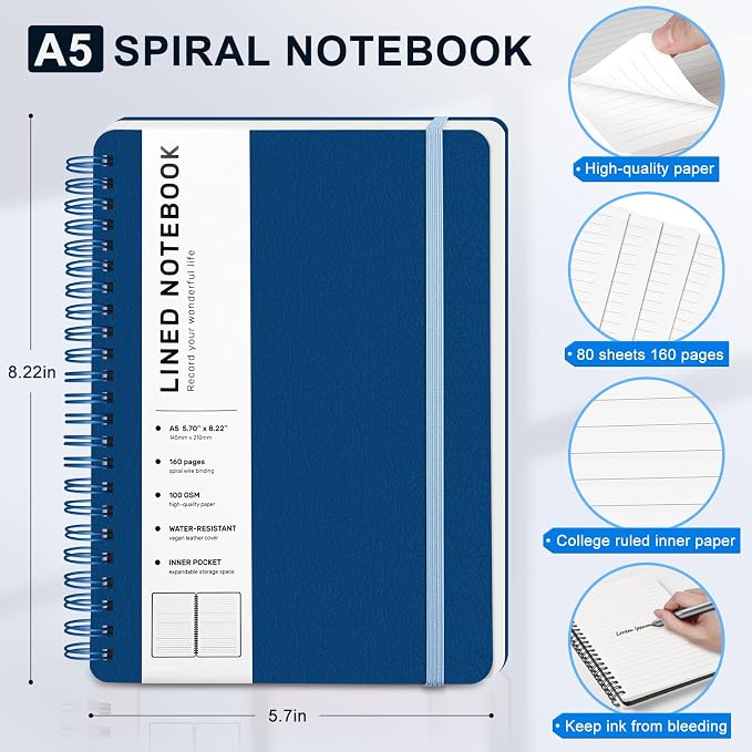 ABERLLS Lined Spiral Journal Notebook with 160 Pages, 8×5.7in, A5 Spiral Notebook, Journaling Notebooks for Work, School, Women, Men, College Ruled Spiral Notebook, Hardcover Leather Journals, Blue