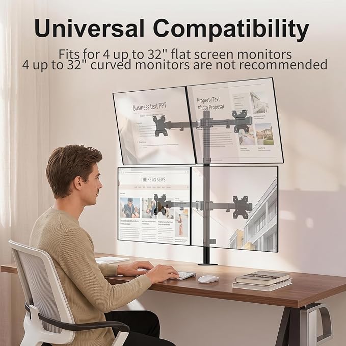 WALI Quad Monitor Desk Mount, 4 Monitor Stand Fits Heavy Duty Computer Screen up to 27 inch, Full Adjustable Arm Holds up to 22 lbs per Arm (M004), Black