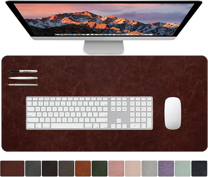 CHEERYGOO Leather Office Desk Pad Protector, Non-Slip PU Leather Desk Blotter, Waterproof Laptop Writing Mouse Pad for Office and Home,23.6"x 13.8" M Reddish Brown