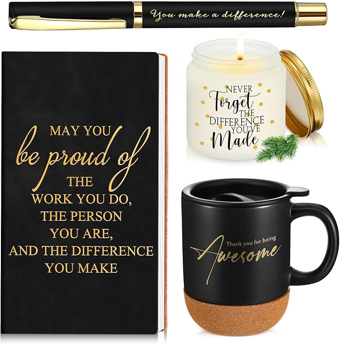 Sayglossy 4 Pcs Thank You Gifts Set for Men Back to School Teacher Appreciation Gift Leather Notebook Inspirational Coffee Mug Scented Candle Ballpoint Pen for Male Employee Coworker Nurse Boss, Black