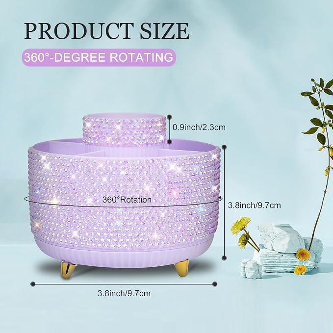 Bling Purple Phinestone Desk Organizer with 5 Slots 360 Degree Rotating，Bling Pen Holder Makeup Brush Holder for Women, Silver Rhinestone Office Accessories(Purple)