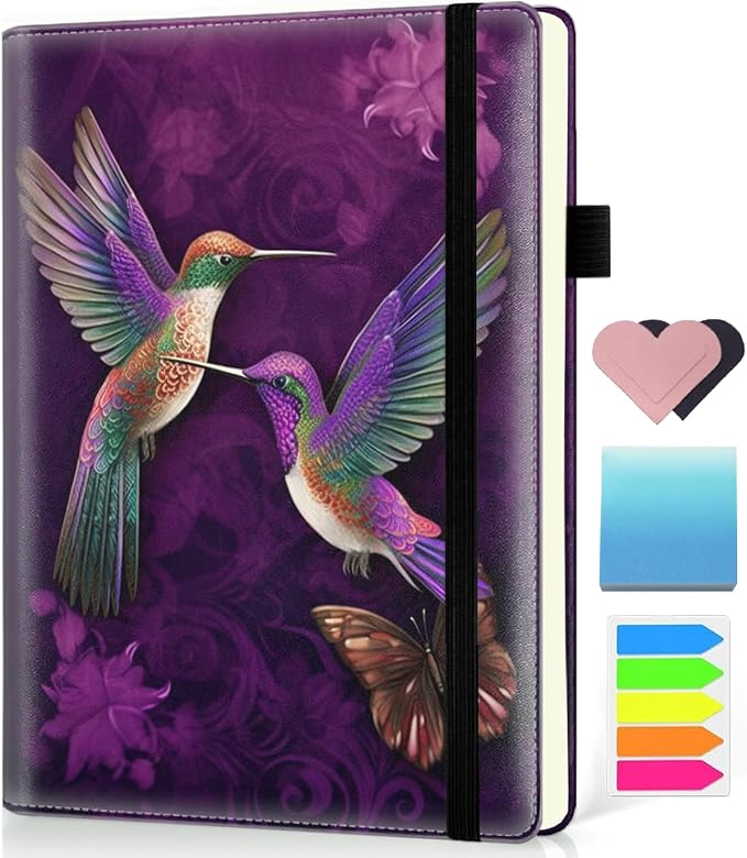 Hardcover Executive Notebooks, A5 PU Leather Lined Journal Notebook, 200 Pages Thick Paper Subject Notebooks for School,Work,Home Writing Business Notebook, Diary Book ，Hummingbird in Flowers