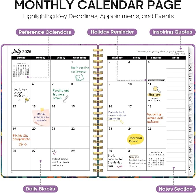 Planner 2026-2027, Academic Year Monthly and Weekly Calendar Planner, Jul 2026 - Jun 2027, Hardcover Teacher Student Planning Agenda book with Tabs, Perfect for School Office Supplies, 6.3" x 8.5" - Fable Grove