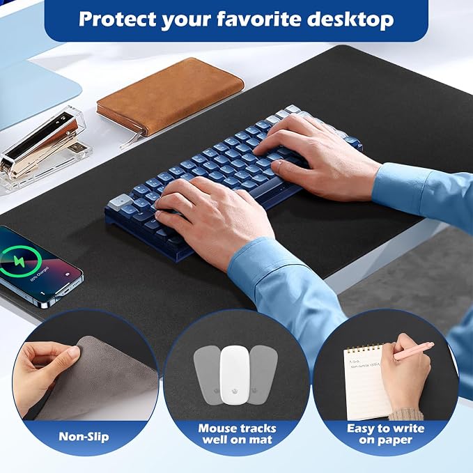 Wireless Charging Desk Mat, Mouse Pad, Black-L, 36 * 17inch