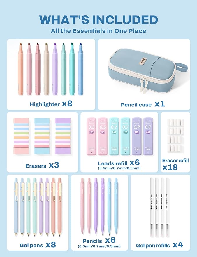 SUNEE 54PCS Aesthetic Stationery Set with Cute Pencil Case, 8 Color Pastel Highlighters, 8 Black Gel Pens, 6 Mechanical Pencils & Refills, College School Supplies for Students Girls Blue
