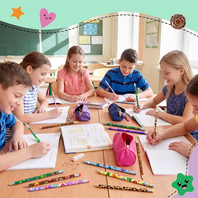 Chinco 200 Pcs Wooden Pencil with Eraser for Kids Colorful Pencils Bulk Writing Fun Assorted Novelty Kids Fun School Supplies for Classroom Gifts Teacher Student School Supplies (Cute Style)