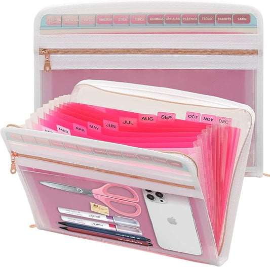Mukawa 13 Pocket Zippered Expanding File Folder, Accordion File Organizer for Documents Letter Size A4 Papers (Pink)