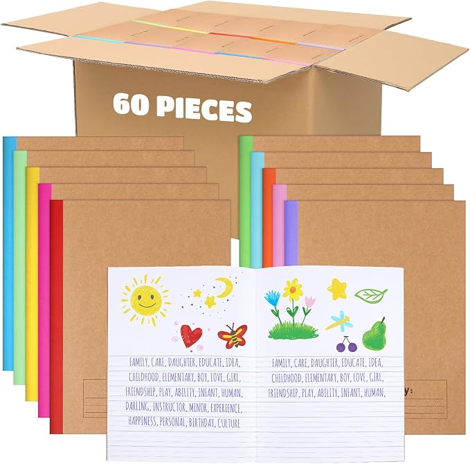 Henoyso 60 Pack Primary Composition Notebook, 9-3/4" x 7-1/2", Kids Primary Journal, K-2 Writing Notebook for Kids Student Draw Write Story Journal Half Blank Books(Stylish Color)