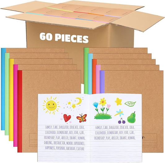 Henoyso 60 Pack Primary Composition Notebook, 9-3/4" x 7-1/2", Kids Primary Journal, K-2 Writing Notebook for Kids Student Draw Write Story Journal Half Blank Books(Stylish Color)