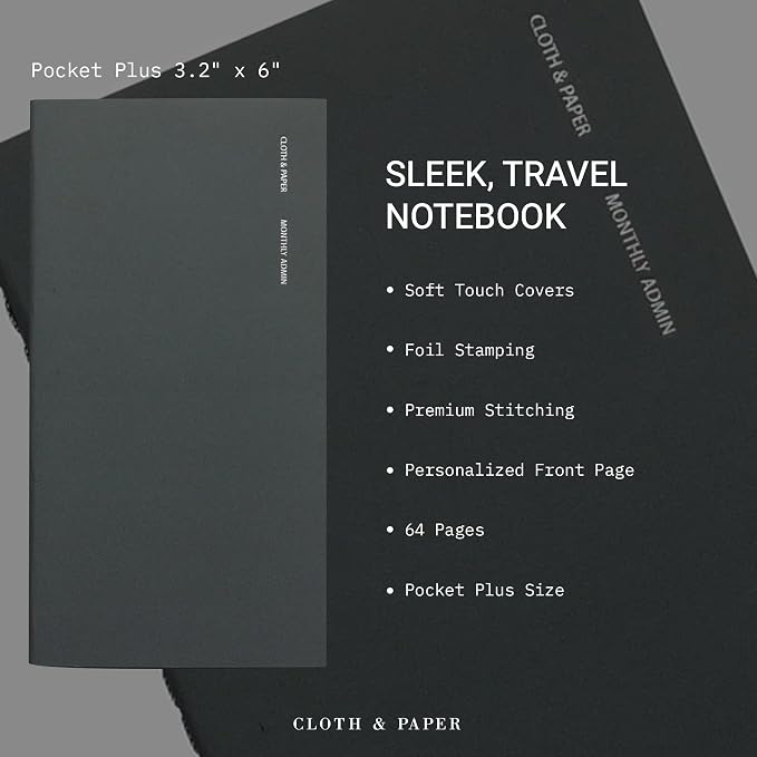 Cloth & Paper Travel Notebook | Monthly Admin – Lagoon | Pocket Plus Monthly Planner Notebook 3.2" x 6" | Calendar Planner with Monthly Layout for Tasks, Notes & Important Dates – Soft Touch Cover