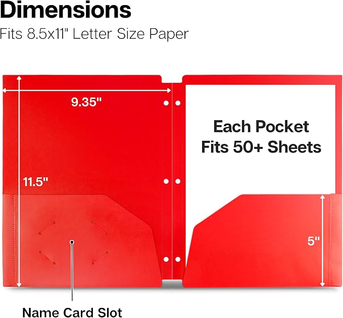 Dunwell Plastic 2-Pocket Folders for 3-Ring Binders, (3 Pack, Red) 3 Hole Punched, Divider Folder for Notebooks, Long Lasting Poly, Fits 8.5x11 Sheets, Includes Labels