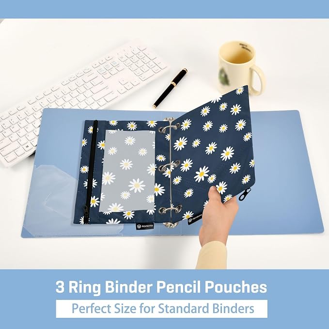 Gredecor Binder Pencil Pouch 3 Ring Navy Blue Flower Daisy Zipper Pencil Pouches Case 2 Pack Clear Binder Organizer for School Office