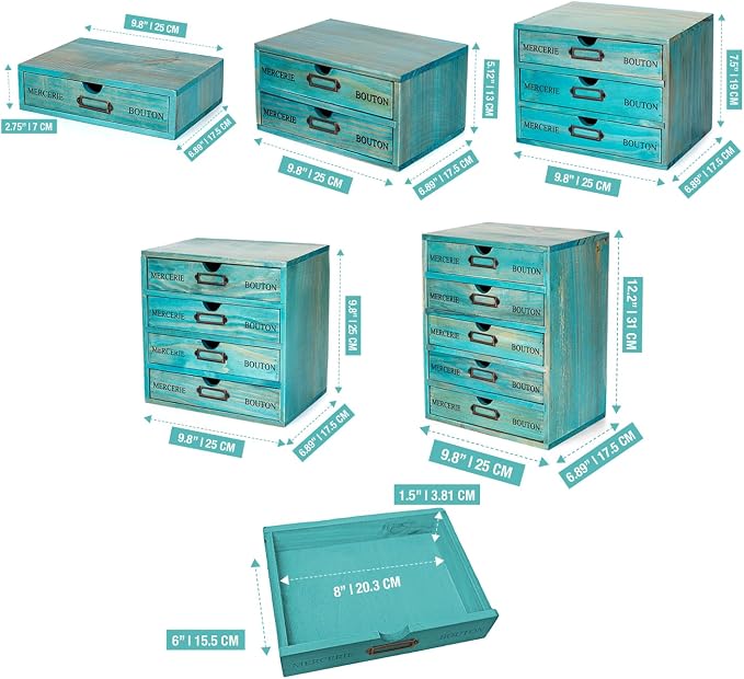 5-piece Full Matching Set Turquoise Wooden Cabinets,European Country Style Desk Organizer Boxes,Multi-level Teal Wooden Stackable Drawers,Countertop Organizer Drawers w/ Label Holder,Desktop Chests
