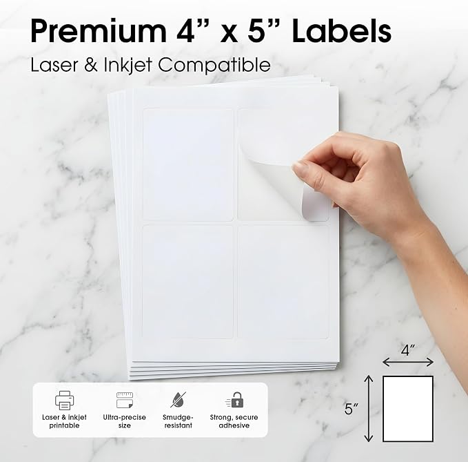 4" X 5" Matte White Printable Shipping Labels (500 Sheets, 2000 Stickers) Address and Mailing Labels for Laser & Inkjet Printers - Spartan Industrial Template R022