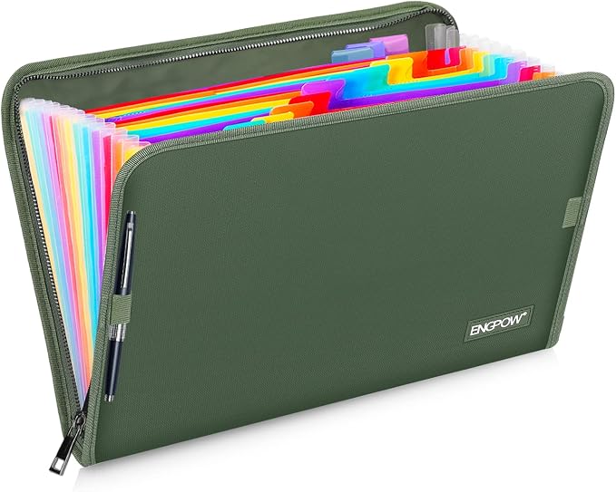 ENGPOW Expanding File Folder,Fireproof 13 Pockets Document Organizer Bag | Accordion File Organizer with Zipper＆Labels,Portable Home Travel Safe Storage for Important Files,Papers,Letter Size,Green