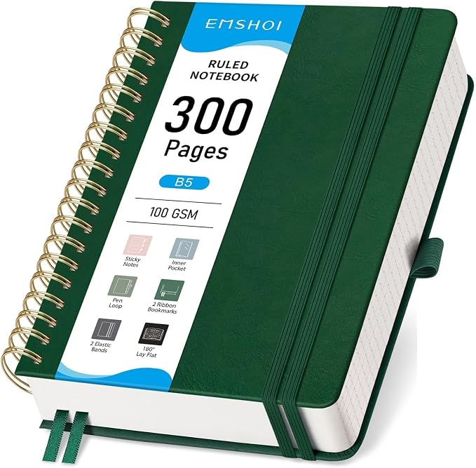 EMSHOI Lined Spiral Journal Notebook, 300 Numbered Pages, B5 (7.4"x10") | College Ruled, Leather Hardcover, 100 GSM Thick Paper, for School, Writing, Work, Office & Journaling (Dark green)