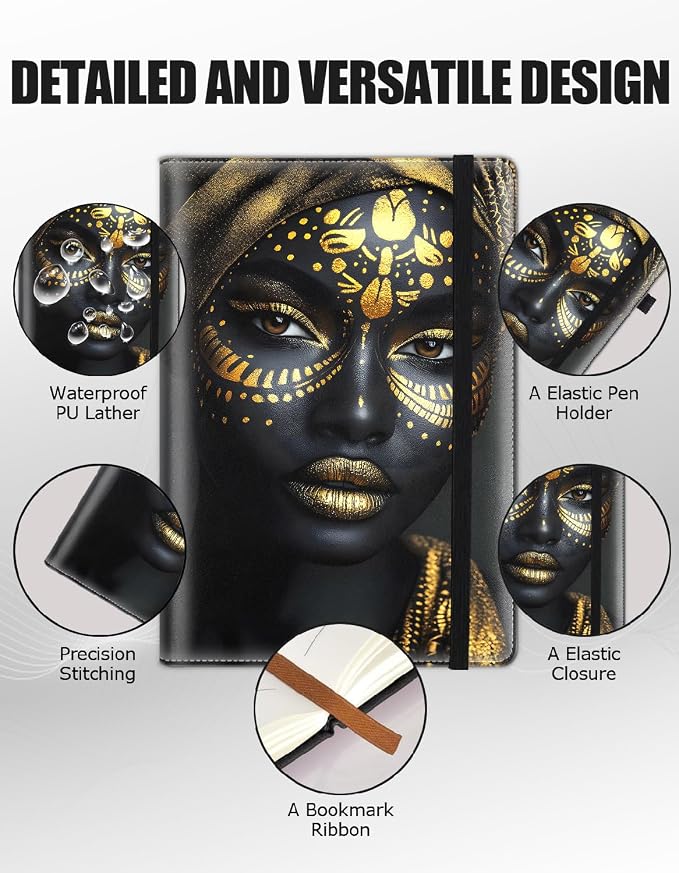 Hardcover Executive Notebooks, A5 PU Leather Lined Journal Notebook, 200 Pages Thick Paper Subject Notebooks for School,Work,Home Writing Business Notebook, Diary Book ，African Woman Gold Art