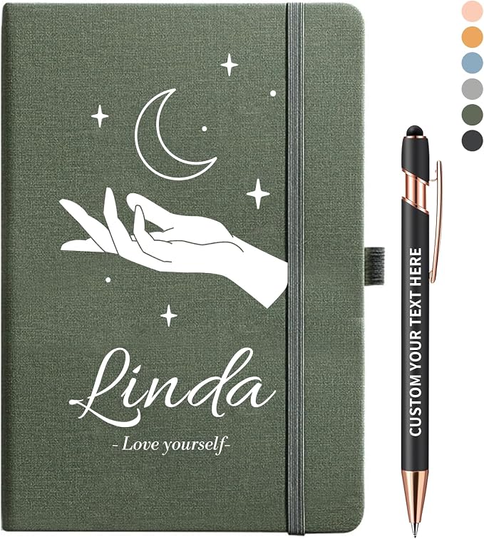 Personalized Notebook with Pen - Customizable A5 Journal Notebook Daily Journals For Writing - 5.8 x 8.3 Journal with 192 Pages 100Gsm Lined Paper for School, Travel, Business, Green