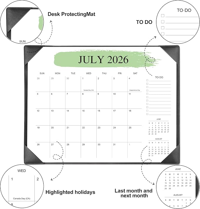 Desk Calendar 2026-2027 with Desktop Mat （22" x 17"）– Jul. 2026 - Dec. 2027 (Black)