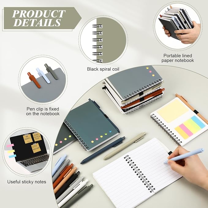 Chuangdi 20 Sets Lined Spiral Notebooks with Sticky Notes and Bamboo Pens, Back-to-school Gifts for Office Teachers Staff, Boho Notebook with Pen Bulk Gift (Neutral)