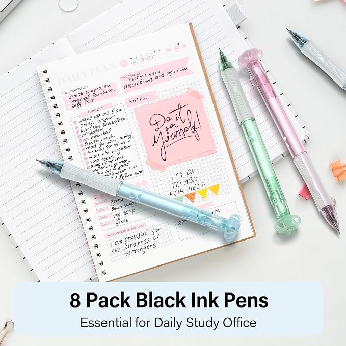 8 Pack Retractable Gel Pens, Black Ink Quick-Drying No Smudge | 0.7mm Fine Point Smooth, Long-Lasting Ink, Cute Aesthetic Pens for Journaling, Writing, School Office, Gift for Women Nurse