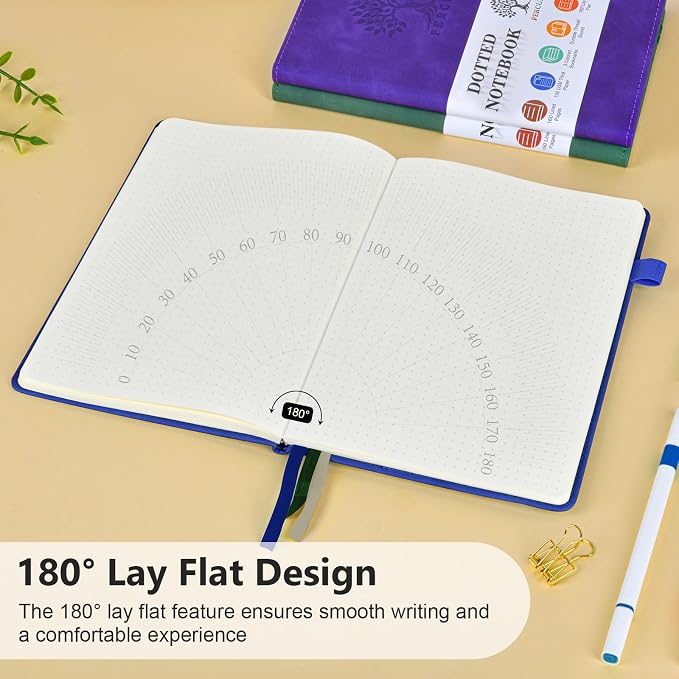 PERCUN A5 Dotted Journal Notebook, Leather Hardcover Notebook 5.9"×8.5" | 160 Dotted Pages Journal for Women & Men, Dot Grid Notebook for Writing, Work, School, Travel Daily Diary, Bullet Journaling