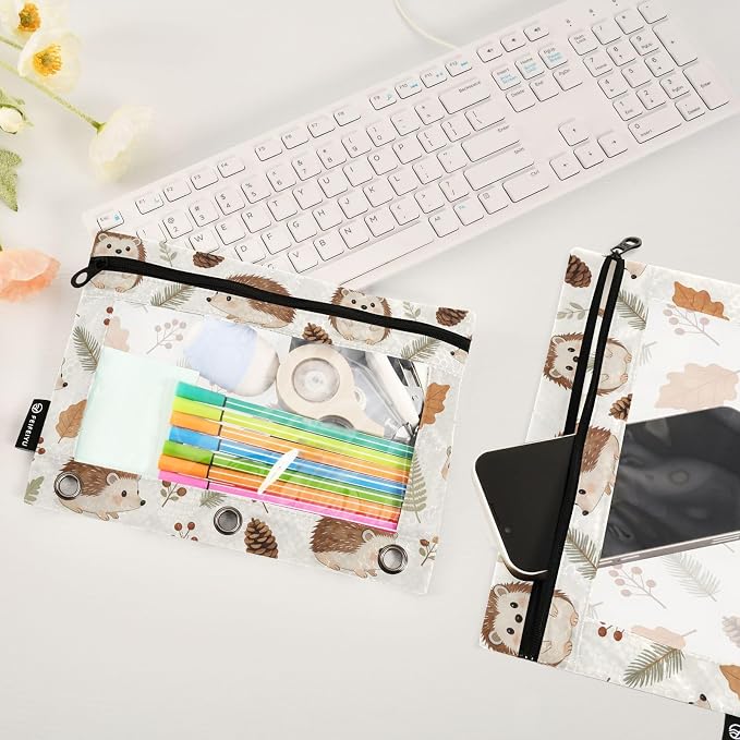 Hedgehog Pencil Pouches for 3 Ring Binder, Zipper Binder Pencil Case, 2 Pack Clear Window Case Bag for Office Organizers