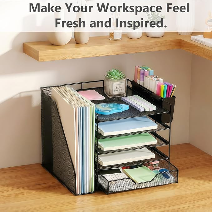 Desk Organizers and Accessories, 5-Tier Paper Letter Tray Organizer with File Holder, Drawer & Pen Holder, Office Desk Accessories, Desktop Organizer for Classroom Office Supplies, Black