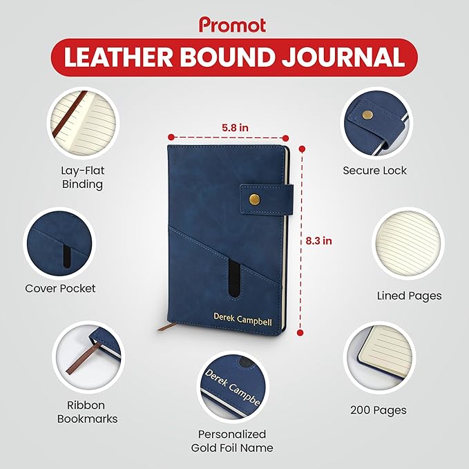 Promot Personalized Notebook - A5 Lined Leather PU Journal Notebook (Blue) | Premium Leather-Look Cover, Smooth Lined Writing Pages, Durable Everyday Design, Elegant Professional Appearance