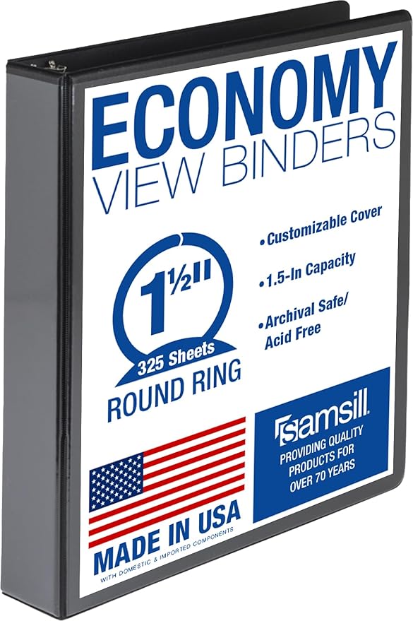 Samsill 1.5 Inch 3 Ring Binder, Economy Round Ring, Clear View Cover, 325 Sheet Capacity - for School, Home, Office - Black
