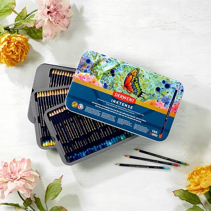 Derwent Inktense Pencils Art Set, 100 Permanent Watercolor Pencils Set in Tin, Premium Colored Pencils for Adults, Water-Soluble Indelible Pencil Collection, 4mm Core, Professional Quality