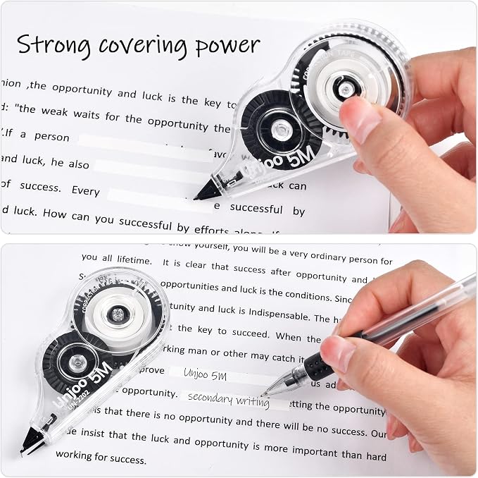 Unjoo White Correction Tape, For school, Office,12pack, 5M/196"x0.2",Black | Easy To Use Applicator for Instant Corrections Wrong Writing At Any Time, Tear-Resistant Correction tape Bulk