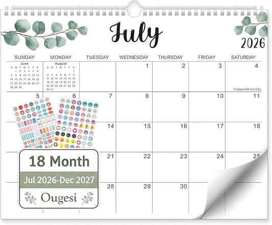 Wall Calendar 2026-2027, 18 Months Academic Calendar, July. 2026 - Dec 2027, 14'' × 11'', Monthly Wall Hanging Calendar with Thick Paper for Office Home Leaf