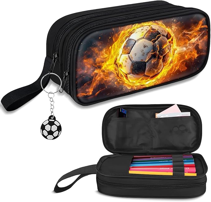 TILYTADLY Large Pencil Case for Boys - Soccer Boys Pencil Pouch with Zipper Compartments - Big Capacity Pen Box Pen Bag Organizer with Keychain for Kids Teens School