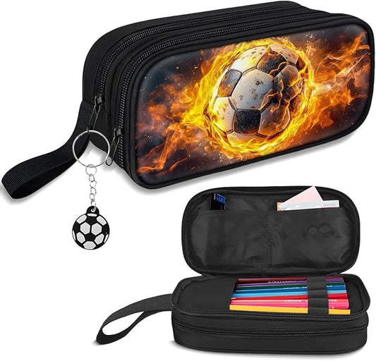 TILYTADLY Large Pencil Case for Boys - Soccer Boys Pencil Pouch with Zipper Compartments - Big Capacity Pen Box Pen Bag Organizer with Keychain for Kids Teens School
