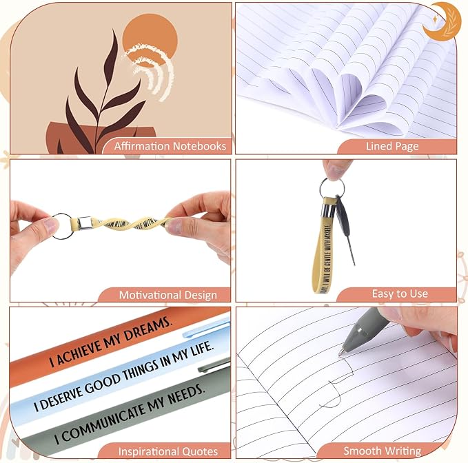 Mooliwe 12 Set Positive Affirmation Gift Set Gratitude Notebooks with Pens Keychains Small Bags Motivational Party Favors for Adult Women Coworkers Employee Group (Plant)