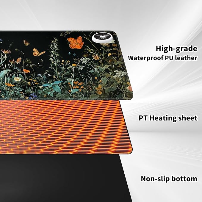 Heated Desk Pad Mouse Pad,Heated Desk Mat,with 3 Heating Levels & 3 Hours Auto Shut-Off,Leather 23.6"*14.2" Gaming Mouse Laptop Mat,Foot Warmer,Floral Plant Butterfly