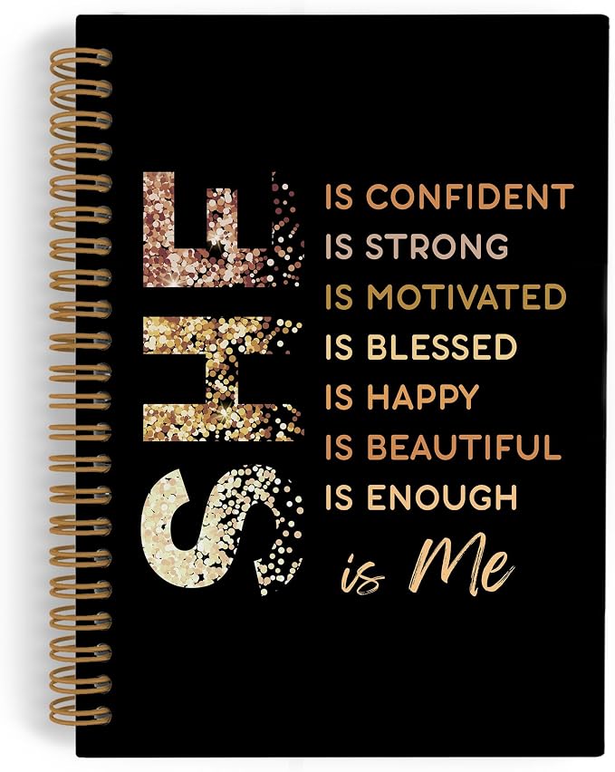 QLMX Gold She Is Me Affirmations Spiral Notebook, Inspirational Self Care A4 Journal Notebook, Self Love Notebooks for School Work, Positive Office Supplies Gifts for Women Girls Friends, 8.3x11.7 In