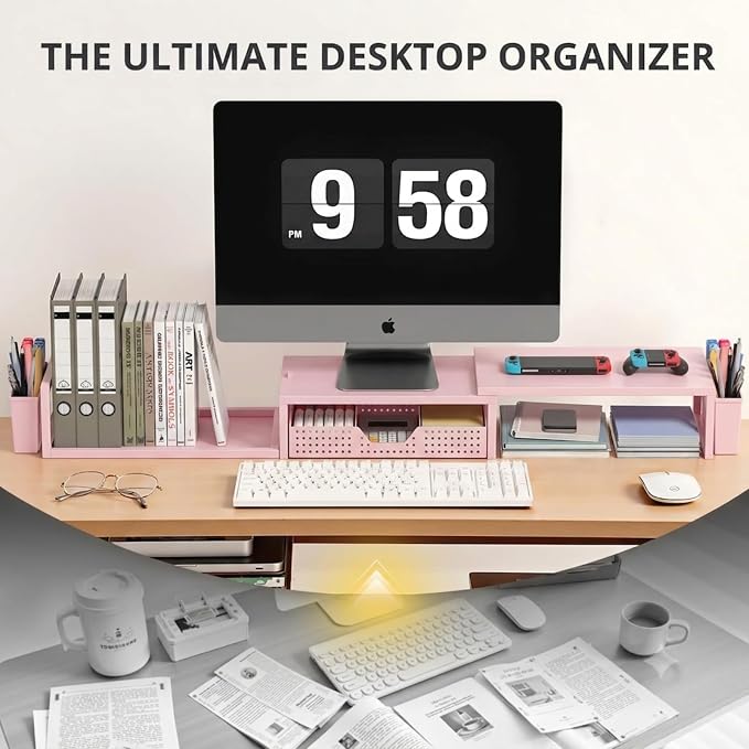 OPNICE Desk Organizers and Accessories, Dual Monitor Stand Riser with Drawer and 2 Pen Holders, Desk Shelf Wood Computer Racks for Office Workspace Organizers, Desktop Organization (Pink Wood)