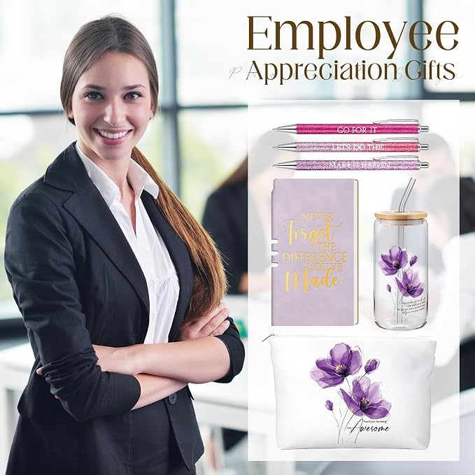 Funnymoom 6 Pcs Appreciation Gifts Set for Women Back to School Teacher Gifts Employee Thank You Gift with 17 oz Glass Tumbler Journal Pens and Pouch for Coworkers Educators,Floral,Purple