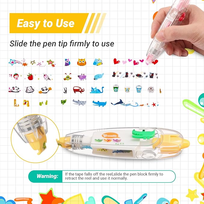 12 Pcs Decorative Tape Pen, Cartoon Animals Press Type Correction Tape, Decorative Roller Pen DIY Creative for Back to School Gifts, Rewards, Scrapbooking, Christmas Stocking Stuffers