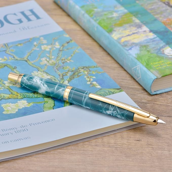 Jinhao 10 Press Fountain Pen with Box, Marble Blue Retractable Fine Nib with Ink Converte Set (Golden Clip)
